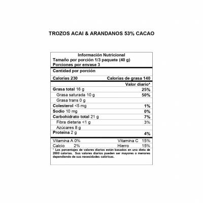 Información Nutricional Trozos Açai y Arándanos 53% cacao DAVIDA