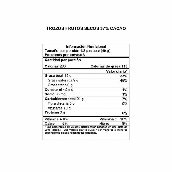 Información Nutricional Trozos Frutos secos 37% cacao DAVIDA