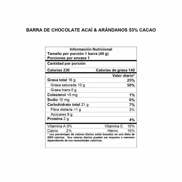 Información Nutricional Barra Açai y Arándanos 53% cacao DAVIDA