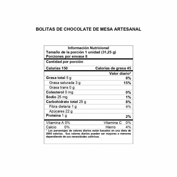 Información Nutricional Bolitas de Chocolate de Mesa Artesanal DAVIDA