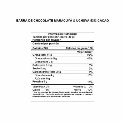 Información Nutricional Barra Maracuyá y Uchuva 53% cacao DAVIDA