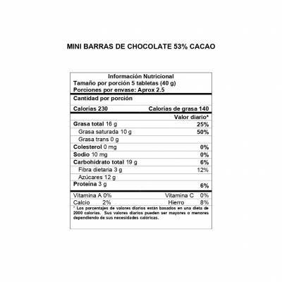 Información Nutricional Mini Barras 53% Cacao DAVIDA
