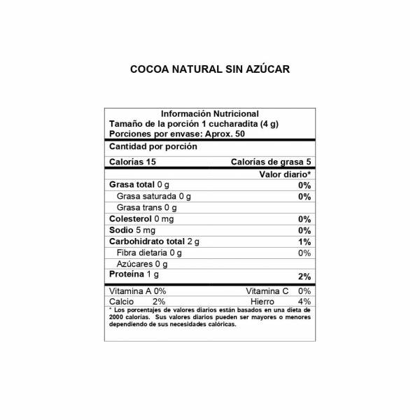 Información Nutricional Cocoa Natural sin Azúcar Girones