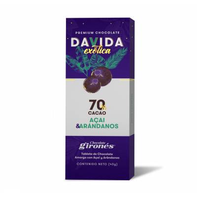 Barra Açai y Arándanos 70% cacao DAVIDA