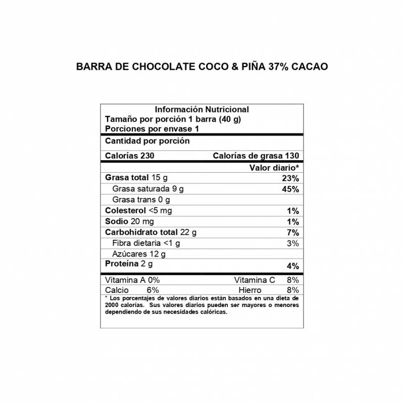 Información Nutricional Barra Coco y Piña 37% cacao DAVIDA