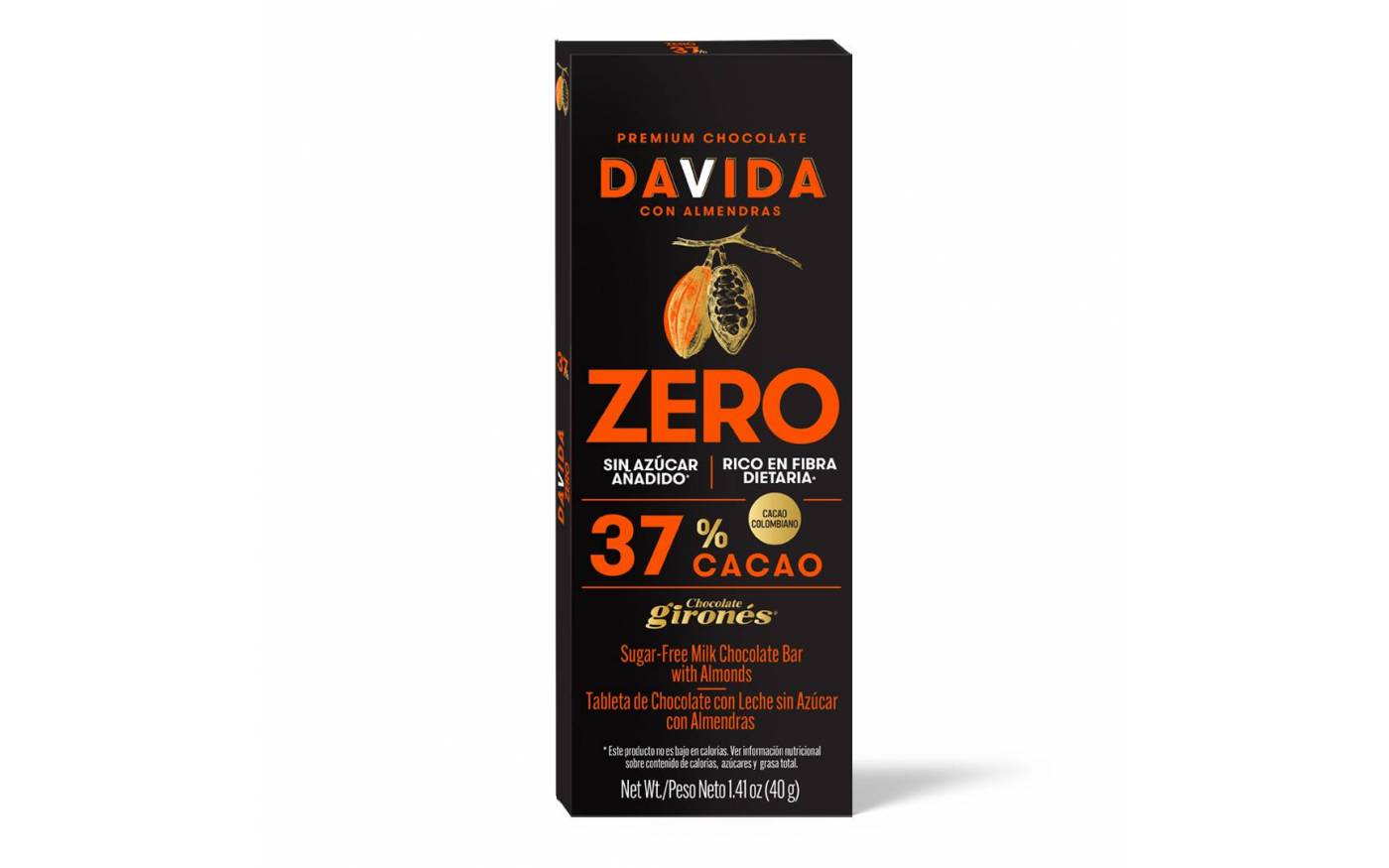 Barra 37% cacao sin azúcar con almendras Zero
