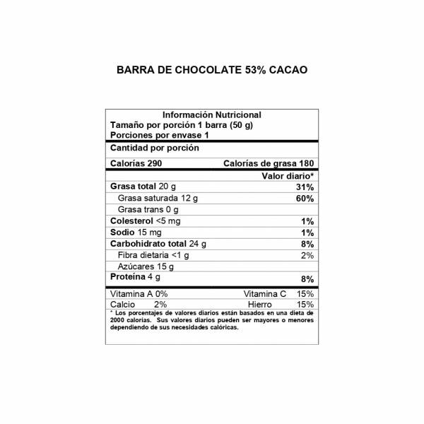Información Nutricional Barra 53% cacao DAVIDA