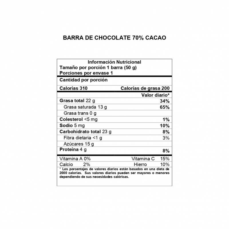 Información Nutricional Barra 70% cacao DAVIDA