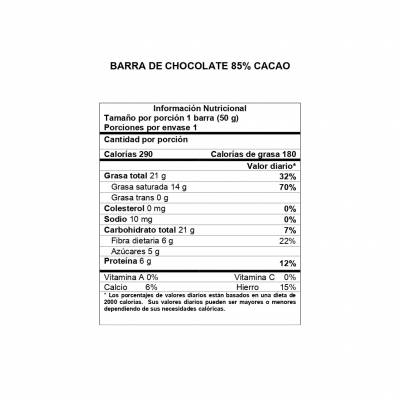 Información Nutricional Barra 85% cacao DAVIDA