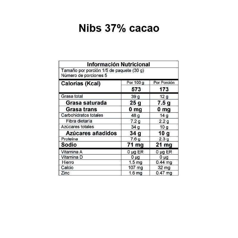 Información Nutricional Nibs 37% cacao DAVIDA