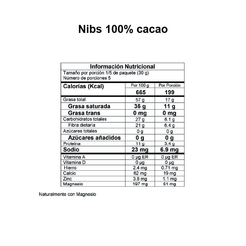 Información Nutricional Nibs 100% cacao DAVIDA
