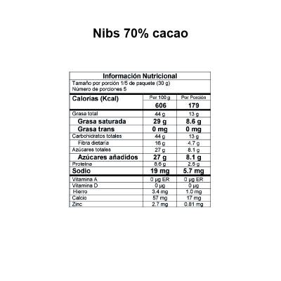 Información Nutricional Nibs 70% cacao DAVIDA