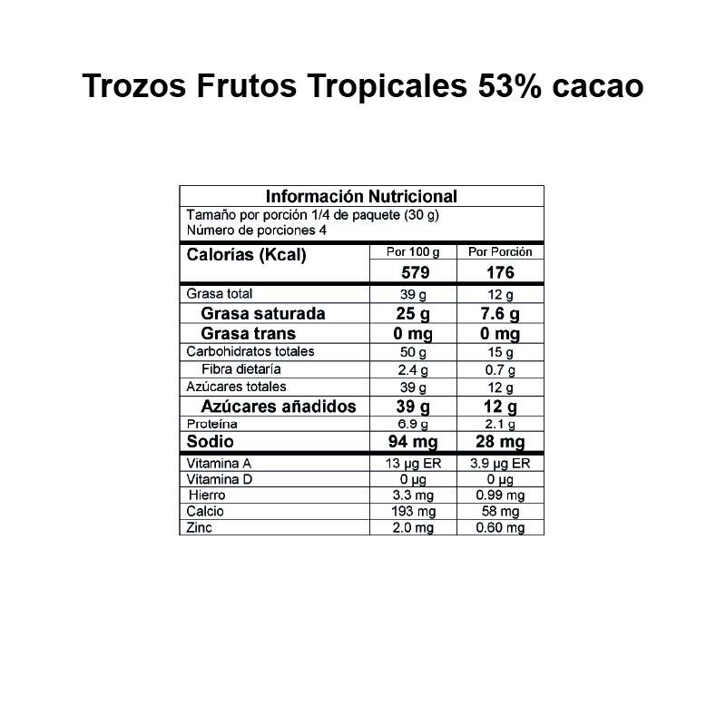 Información Nutricional Trozos Frutos Tropicales 53% cacao DAVIDA