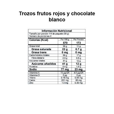 Información Nutricional Trozos Frutos Rojos y Chocolate Blanco DAVIDA