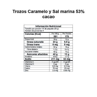 Información Nutricional Trozos Caramelo y Sal marina 53% cacao DAVIDA