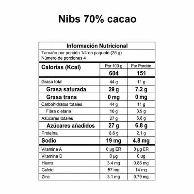 Información Nutricional Nibs 70% cacao DAVIDA